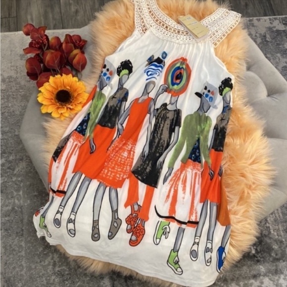 Aryeh Ethnic Lady Print Medium Dress White & Orange Crochet Halter Style NEW - Picture 2 of 4